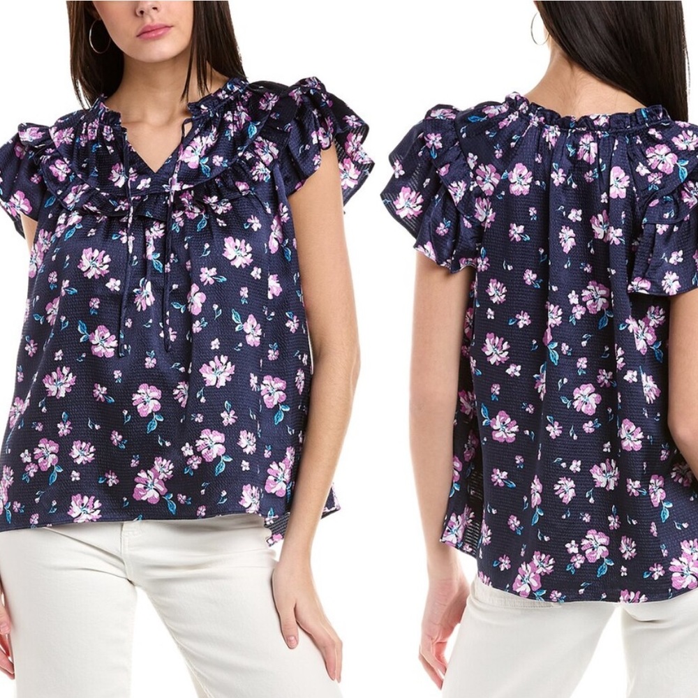 Draper James floral ruffle top blue pink textured silky girly feminine